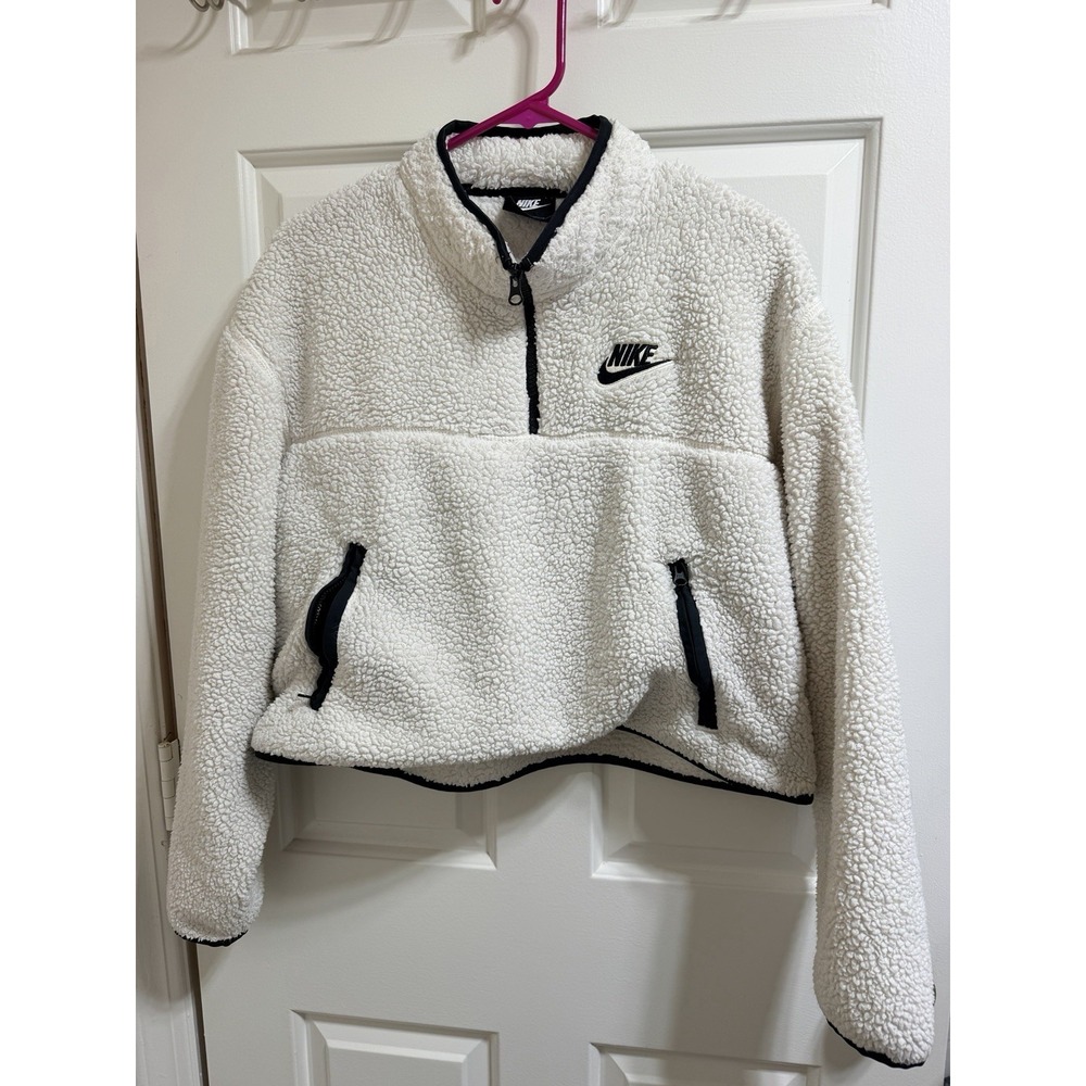 Nike Women's Large Black And Cream Sherpa Fleece Crop Top Pullover 1/4 Zip